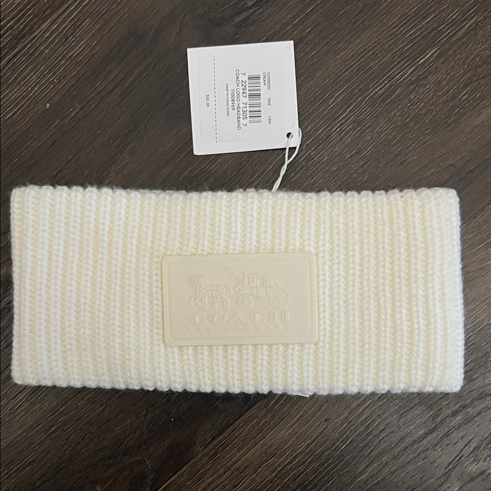 Coach Ivory Ribbed Knit Headband with Signature Patch
